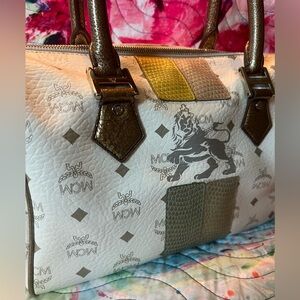 MCM White and Gold Bronze Lion bag